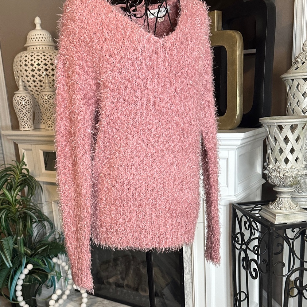 Knox Rose Pink Fuzzy V-Neck Sweater
